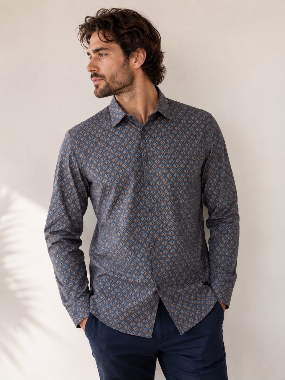 Ted Baker London Men’s Size 5 Large Blue Brown Geometric Print Button Up Shirt - Picture 1 of 6